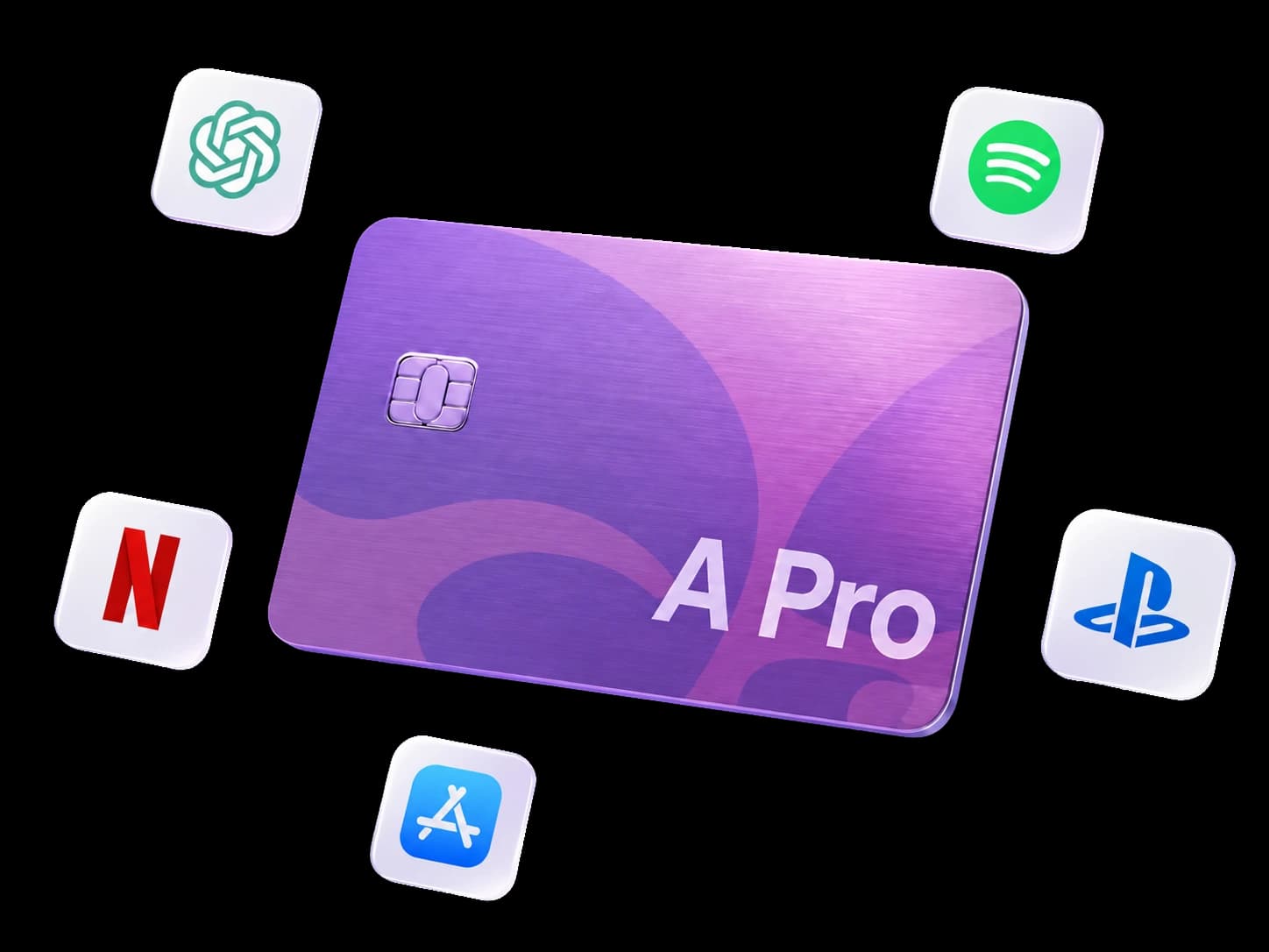 Карта A Pro с иконками сервисов ChatGPT, Spotify, Netflix, PlayStation и App Store