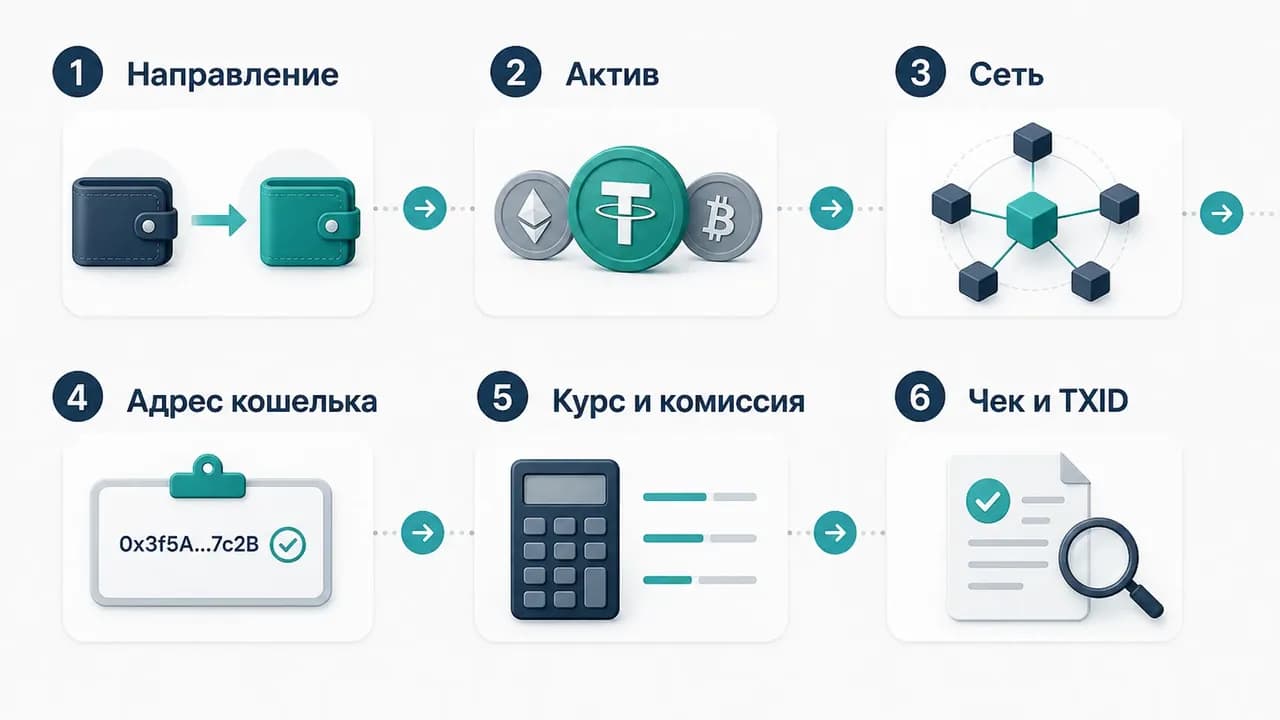 Схема проверки обмена: направление, актив, сеть, адрес кошелька, курс и комиссия, чек и TXID.