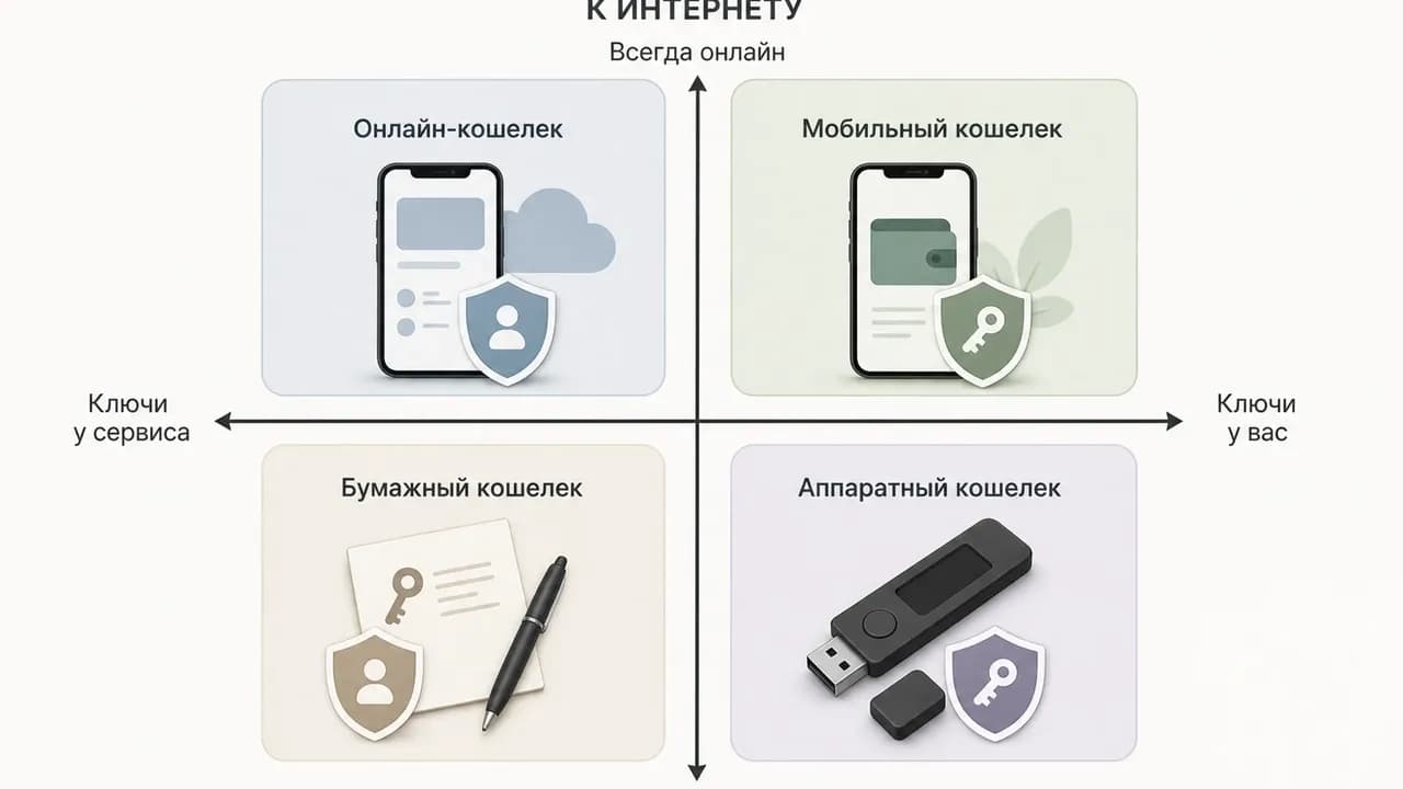 Схема четырёх типов криптокошельков: онлайн-, мобильный, бумажный и аппаратный; оси показывают подключение к интернету и хранение ключей у сервиса или пользователя.