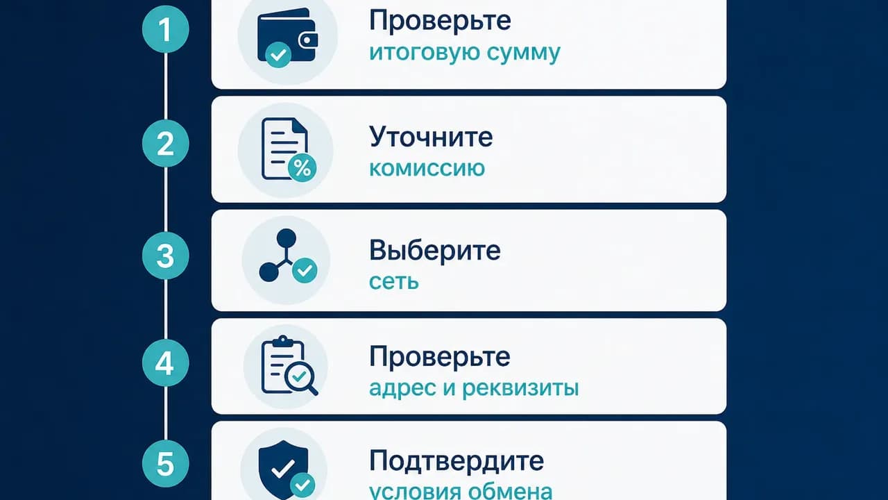 Инфографика из пяти шагов: проверить итоговую сумму, комиссию, сеть, адрес и реквизиты, подтвердить действие.