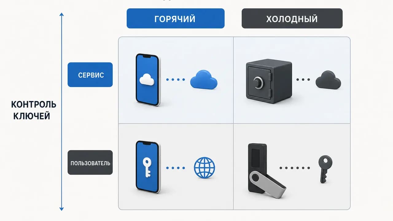 Матрица 2×2: по горизонтали «горячий» и «холодный», по вертикали контроль ключей — «сервис» и «пользователь»; в ячейках показаны телефон и облако, сейф и облако, телефон с ключом и интернет, аппаратный носитель и ключ.