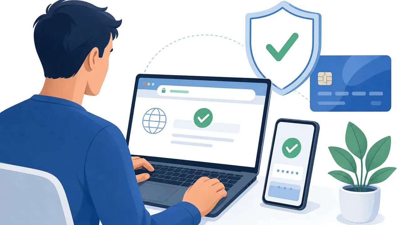 Мужчина работает за ноутбуком; рядом смартфон, банковская карта и значки защиты с галочками.