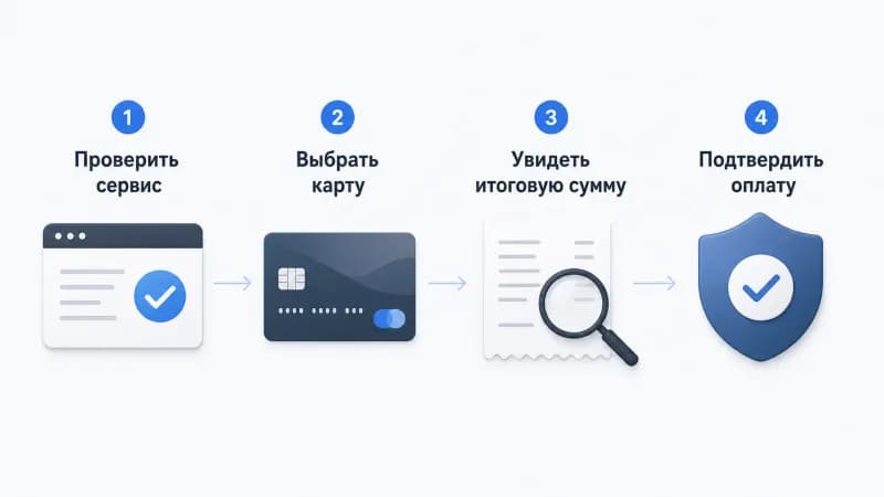 Схема из четырёх шагов оплаты: проверить сервис, выбрать карту, увидеть итоговую сумму и подтвердить оплату.