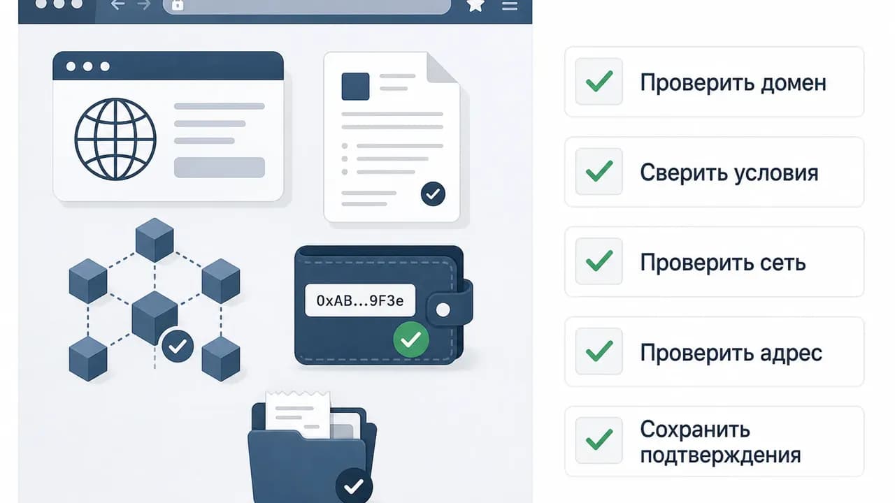 Иллюстрация чек-листа: проверить домен, условия, сеть и адрес, сохранить подтверждения.