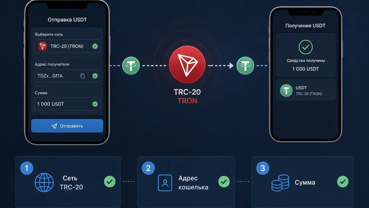 Схема перевода USDT по сети TRC-20: отправка, TRON и получение, ниже отмечены сеть, адрес кошелька и сумма.