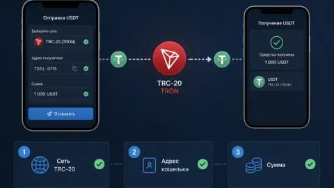 Схема перевода USDT по сети TRC-20: отправка, TRON и получение, ниже отмечены сеть, адрес кошелька и сумма.