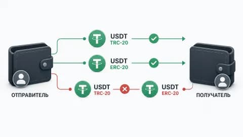 Схема: переводы USDT TRC-20 и ERC-20 между кошельками успешны в одной сети, а отправка TRC-20 на адрес ERC-20 отмечена ошибкой.