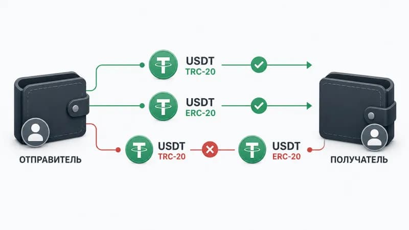 Схема: переводы USDT TRC-20 и ERC-20 между кошельками успешны в одной сети, а отправка TRC-20 на адрес ERC-20 отмечена ошибкой.
