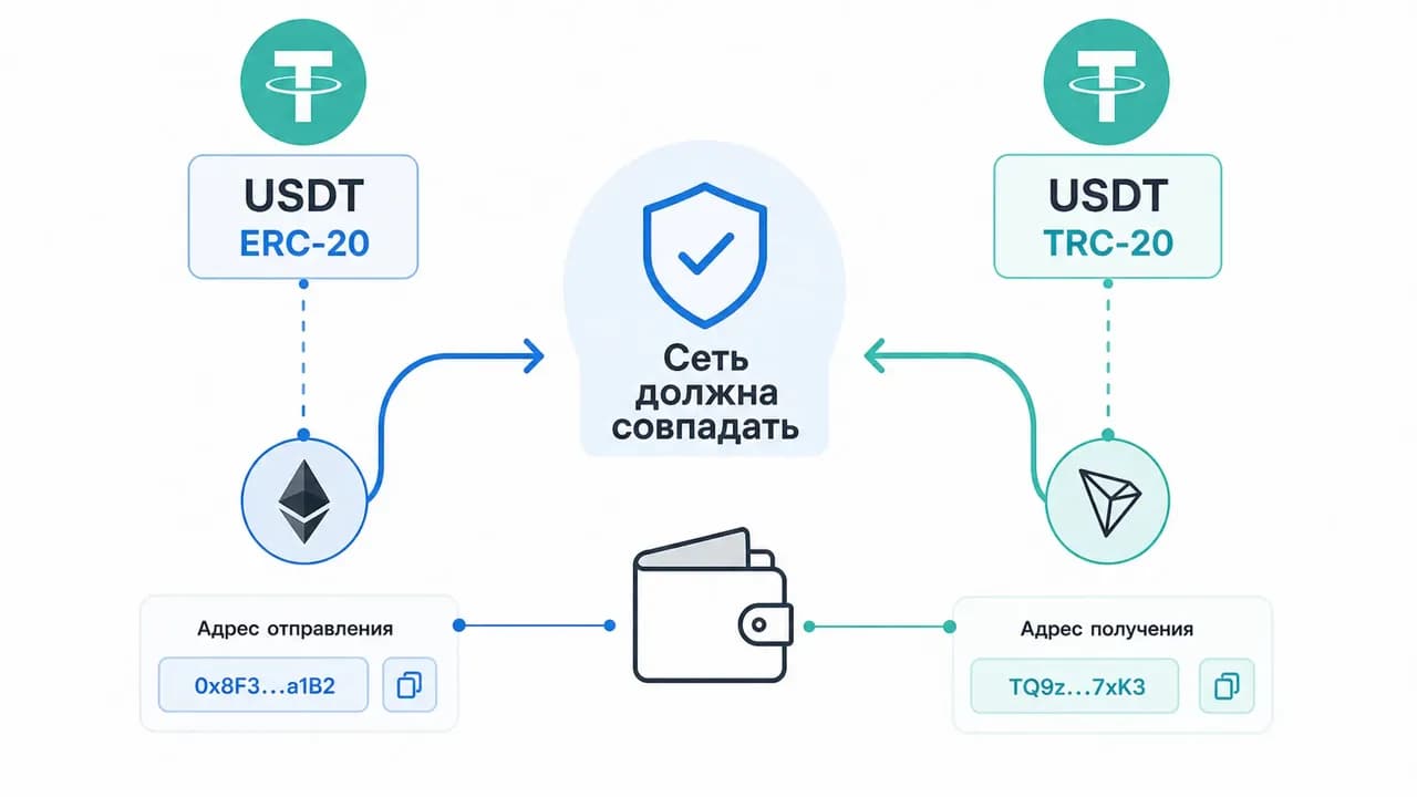 Схема перевода USDT: сети ERC-20 и TRC-20 должны совпадать