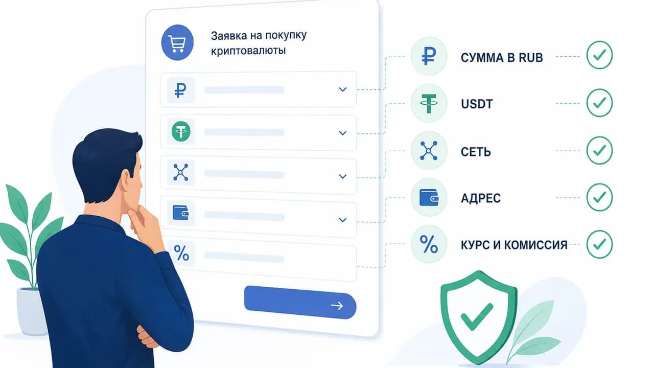 Человек проверяет заявку на покупку криптовалюты с пятью параметрами: сумма в рублях, USDT, сеть, адрес, курс и комиссия.