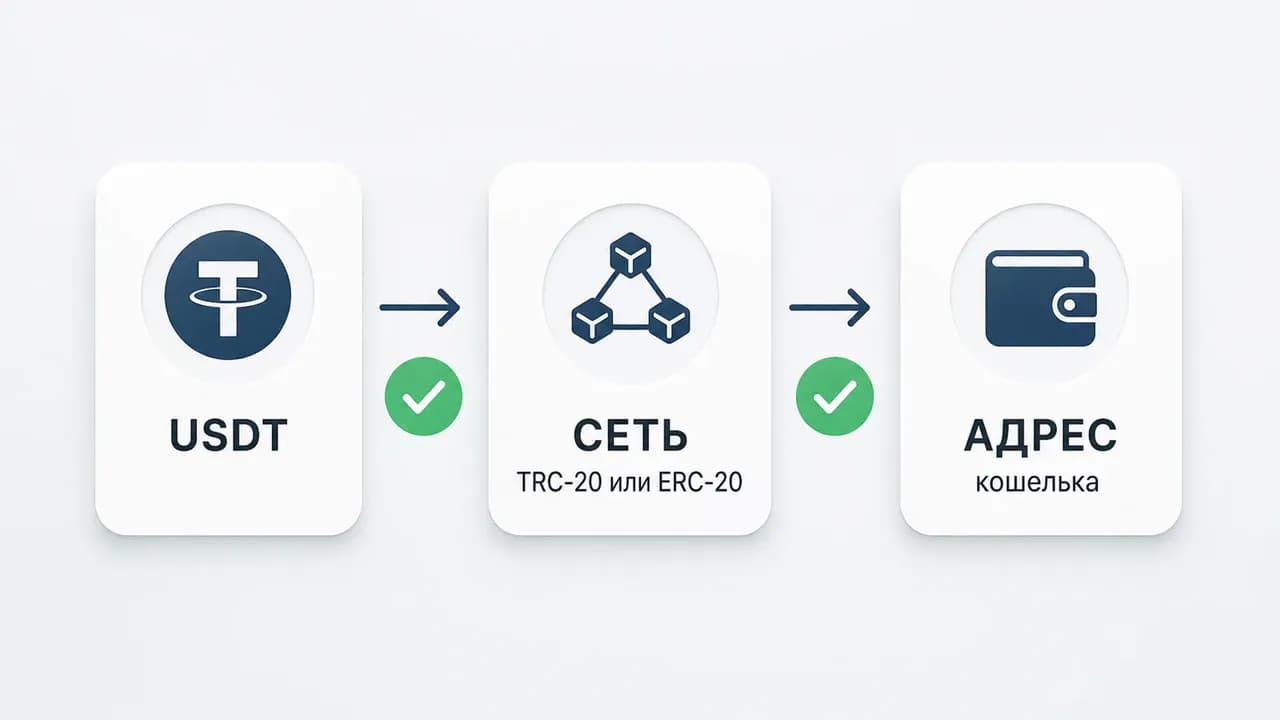 Схема: USDT → сеть TRC-20 или ERC-20 → адрес кошелька, с отметками проверки.