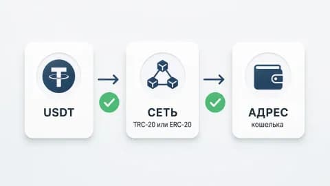 Схема: USDT → сеть TRC-20 или ERC-20 → адрес кошелька, с отметками проверки.