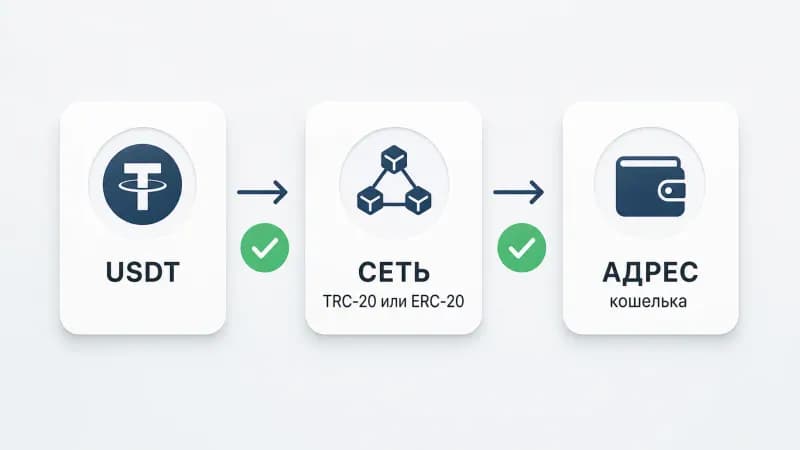 Схема: USDT → сеть TRC-20 или ERC-20 → адрес кошелька, с отметками проверки.