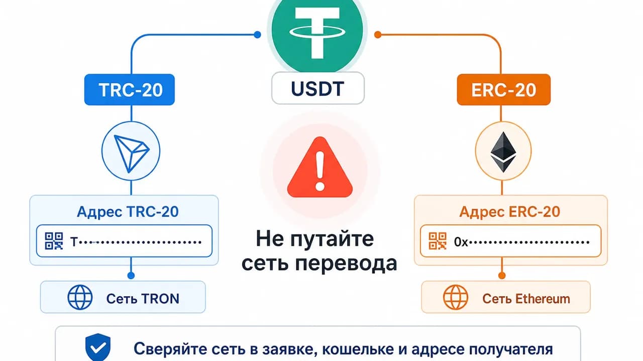 Схема USDT в сетях TRC-20 и ERC-20 с предупреждением не путать сети перевода.