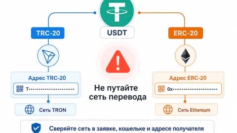 Схема USDT в сетях TRC-20 и ERC-20 с предупреждением не путать сети перевода.
